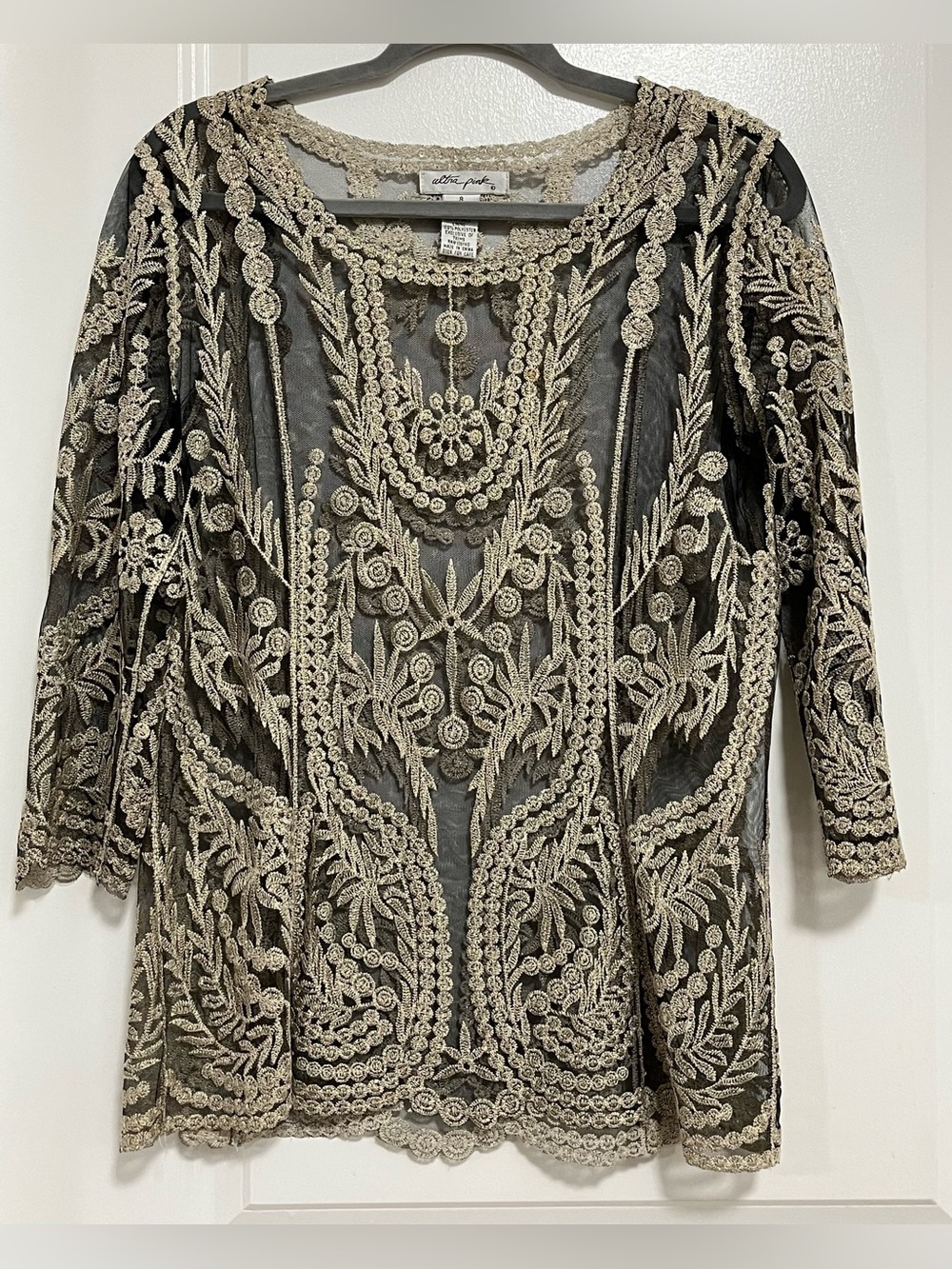 Ultra Pink Black Sheer Embroidered Mesh Tunic Blouse Size S - Picture 2 of 10
